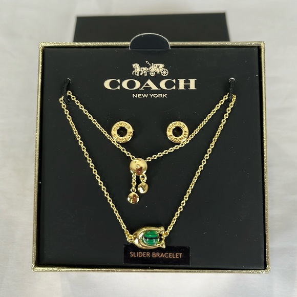Coach Signature C Slider Malachite Bracelet & Open Circle Logo Earrings Set NWT